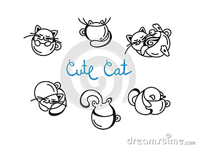 Playful cat with a cup. Linear illustration. Logo. Cartoon Illustration